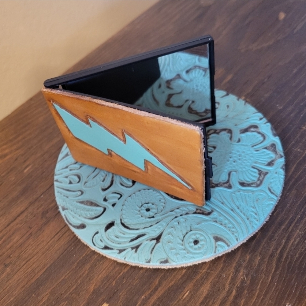 hand tooled‎ leather compact makeup mirror pocket mirror travel mirror